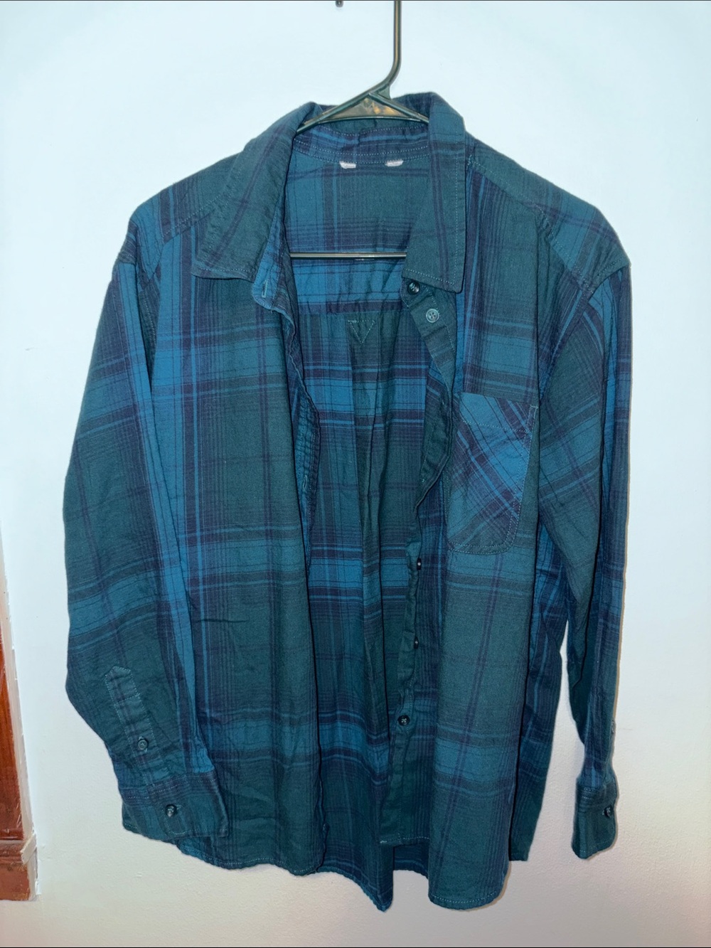 Men's Long-Sleeve Plaid Button-Up Shirt in Teal and Navy